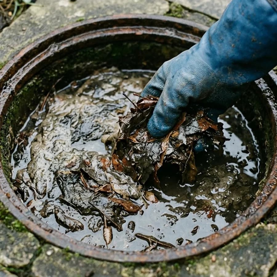Blocked drain gully full of leaves and standing water in Raunds