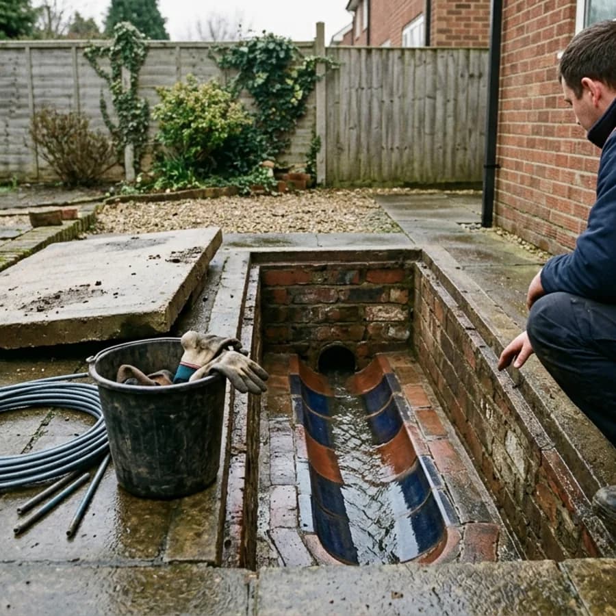 Clear water running through a cleaned drain chamber in Raunds