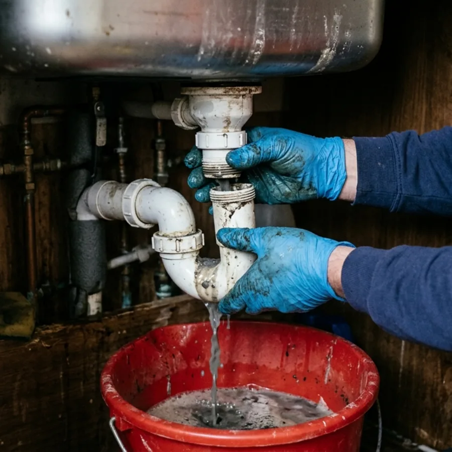 Engineer removing a blocked sink trap into a bucket in Brixworth
