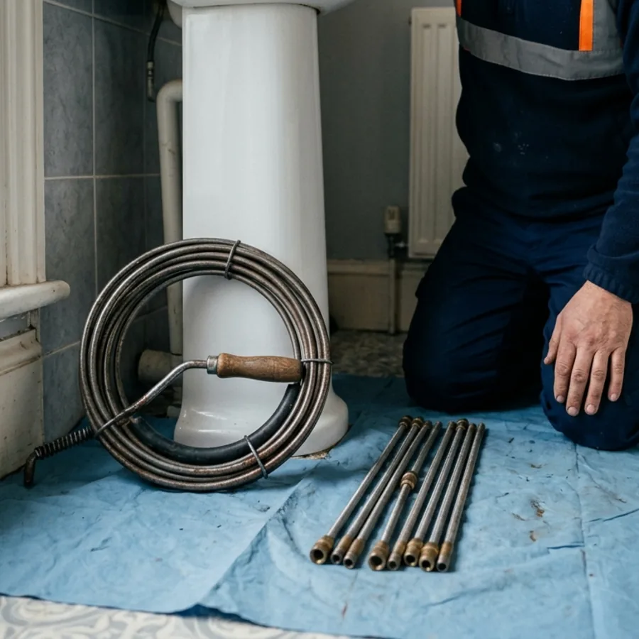 Hand auger and drain rods laid out on a dust sheet in Milton Malsor