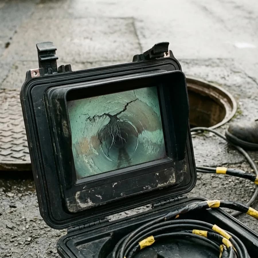 CCTV survey monitor showing a cracked drain pipe in Blisworth