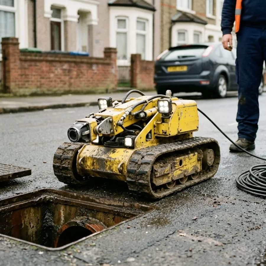 Tracked CCTV drain inspection crawler beside an open chamber in Blisworth