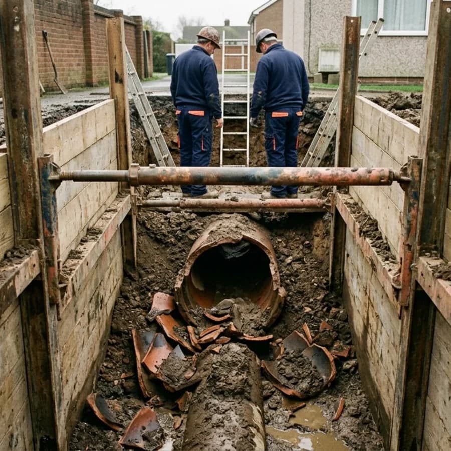 Collapsed clay drain exposed in a shored excavation in Warmington