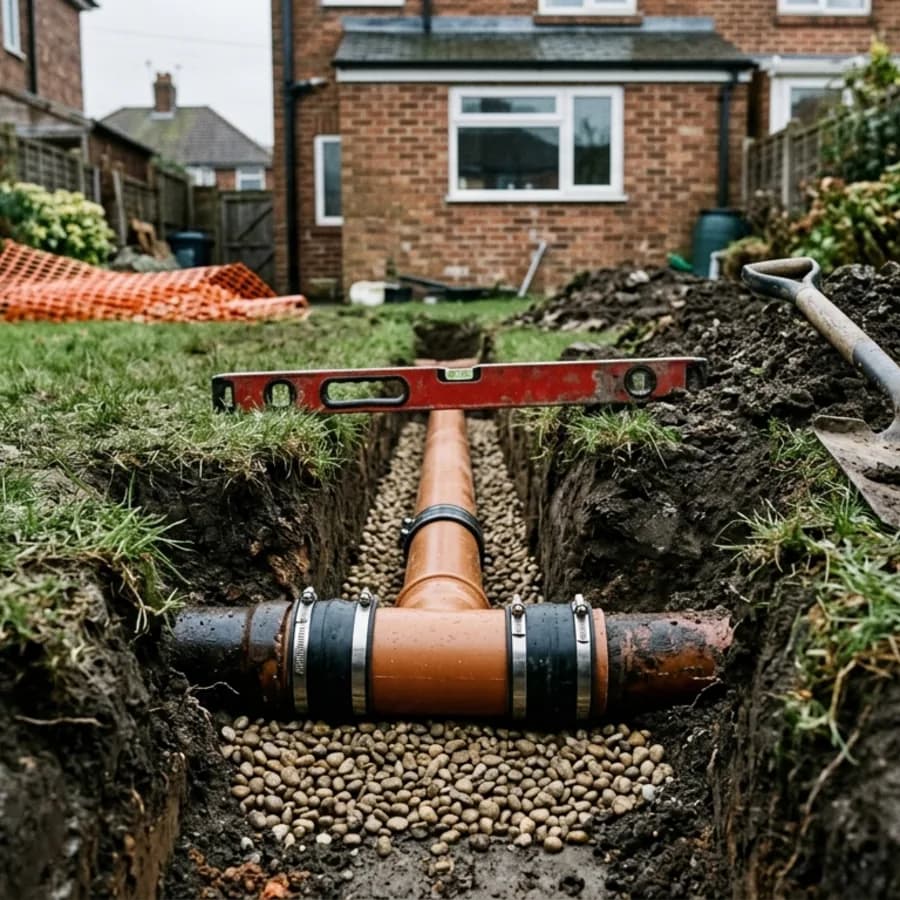 New drainage pipe bedded in gravel ready for backfill in Warmington