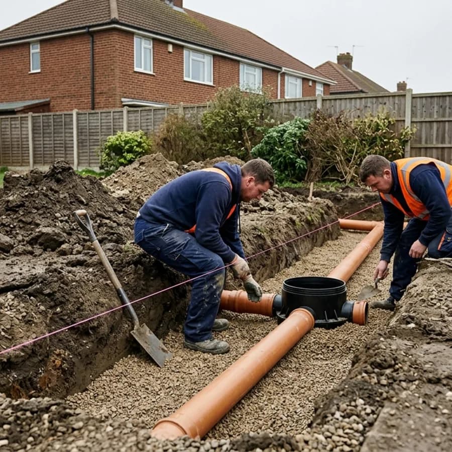 New drainage pipes and inspection chamber laid on gravel in Deanshanger