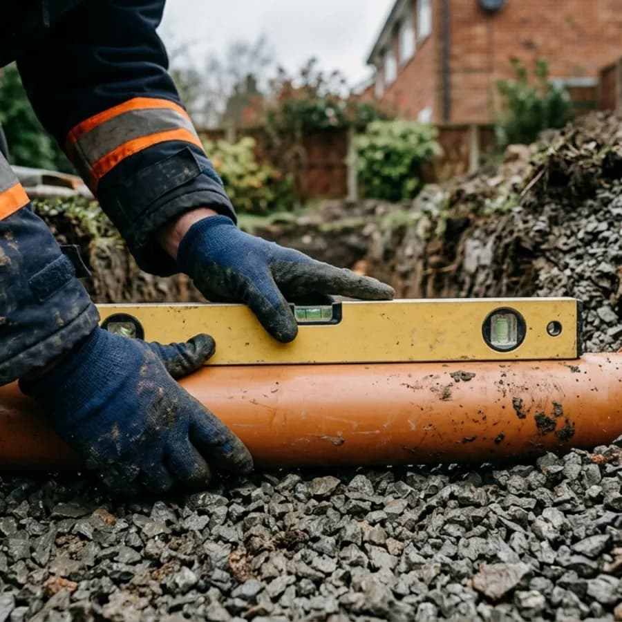 Spirit level checking the fall on a newly laid drain in Deanshanger