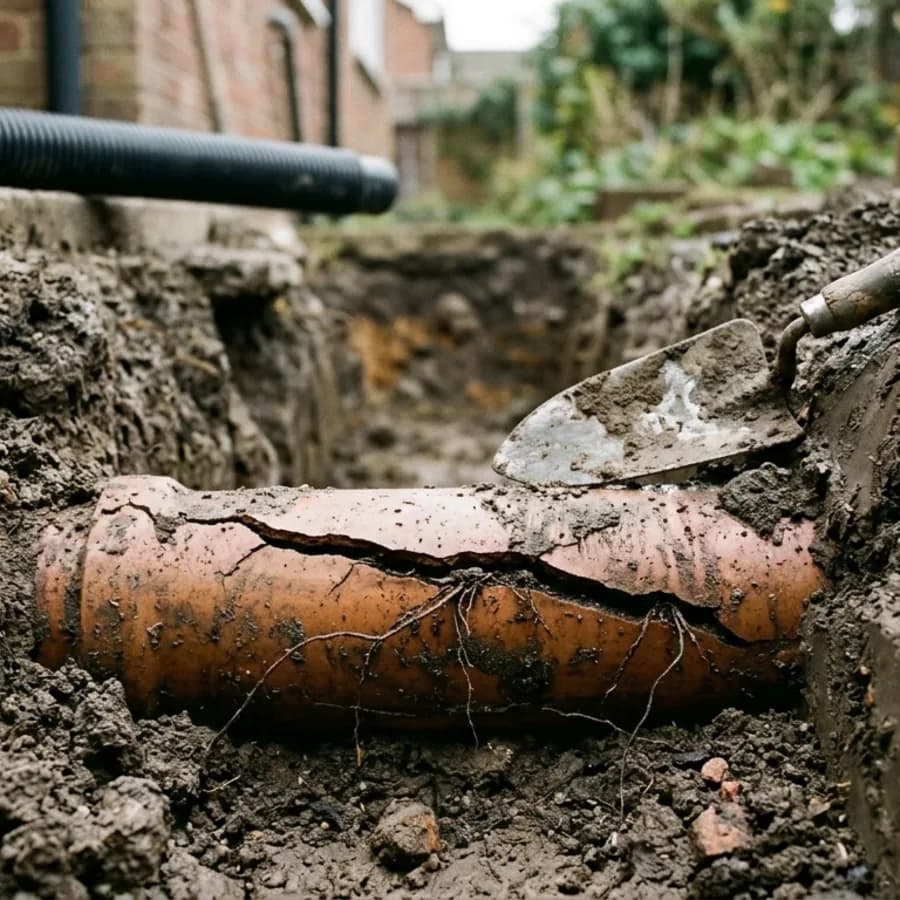 Cracked clay drainage pipe exposed in a trench in Woodford Halse