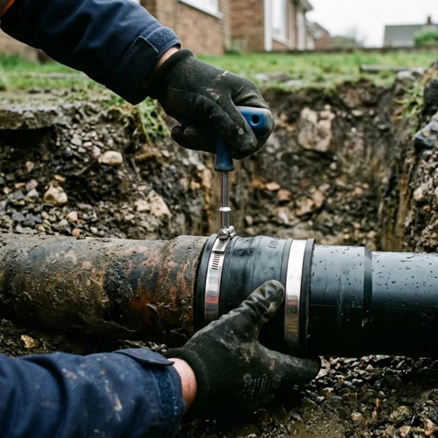 New pipe section joined to an old drain with a flexible coupling in Woodford Halse