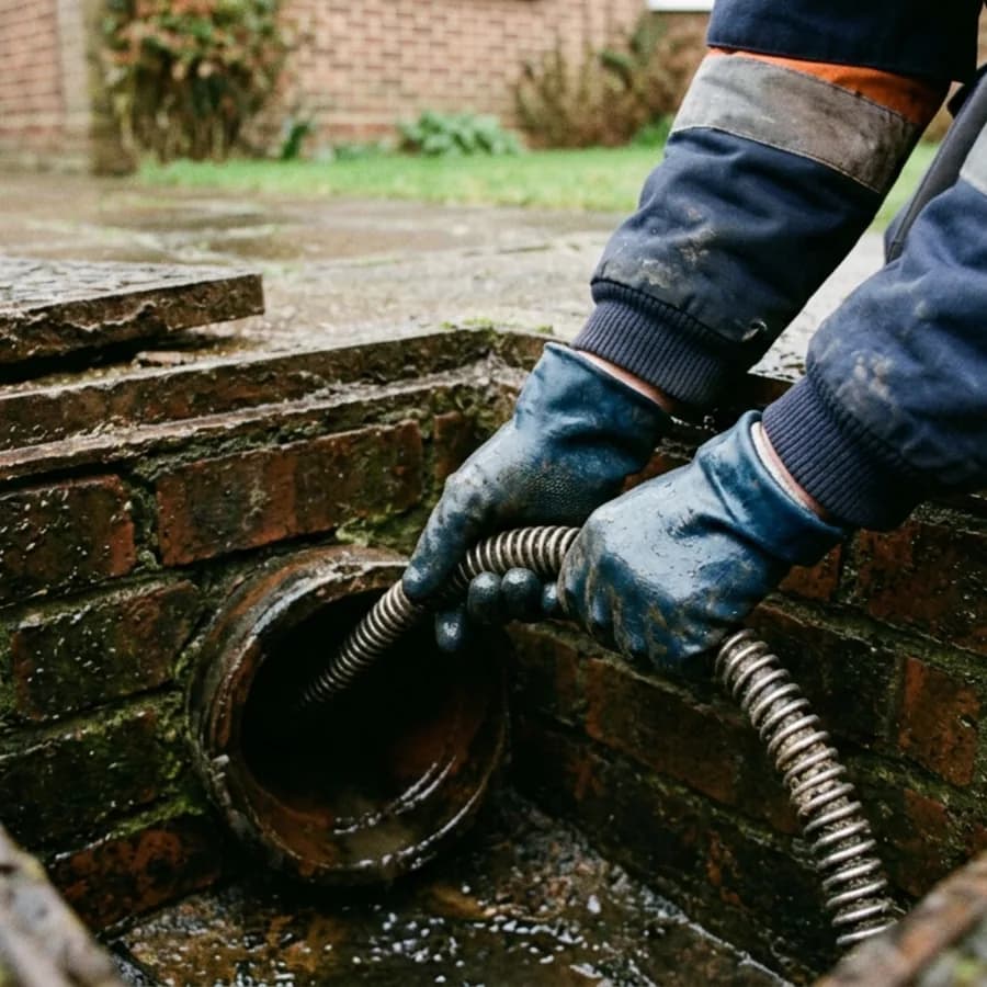 Drain clearing cable being fed into a pipe in Crick