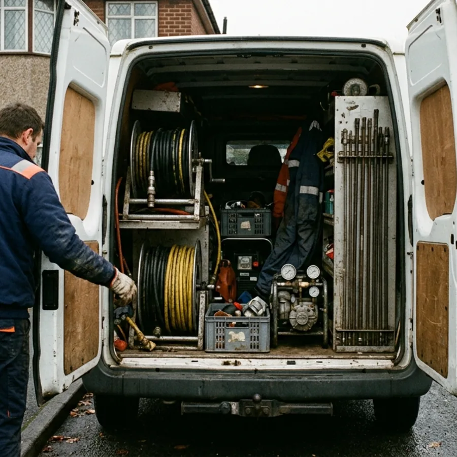 Service van loaded with drain unblocking equipment in Crick