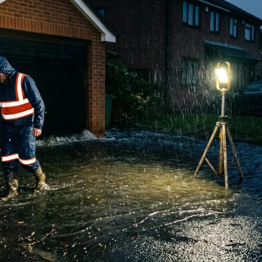 Flooded driveway during an emergency drainage callout in Roade