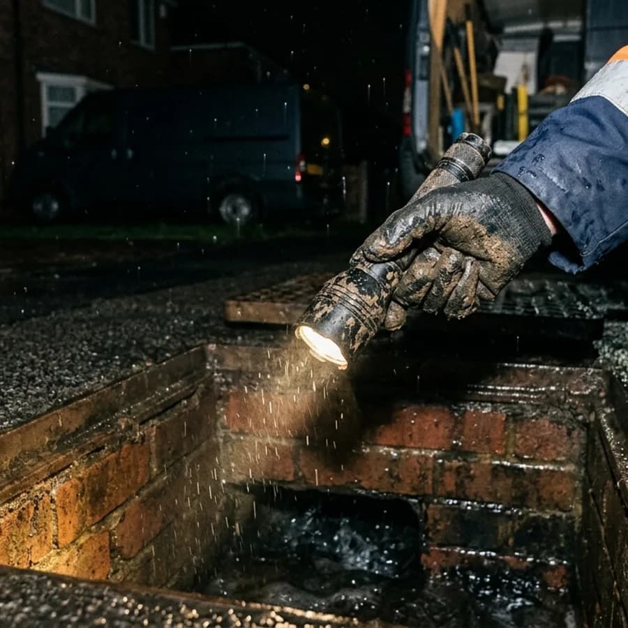 Engineer inspecting a drain by torchlight at night in Roade