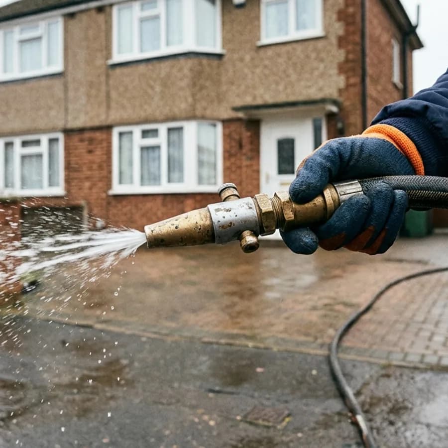 High-pressure jetting nozzle firing water jets in Brackley
