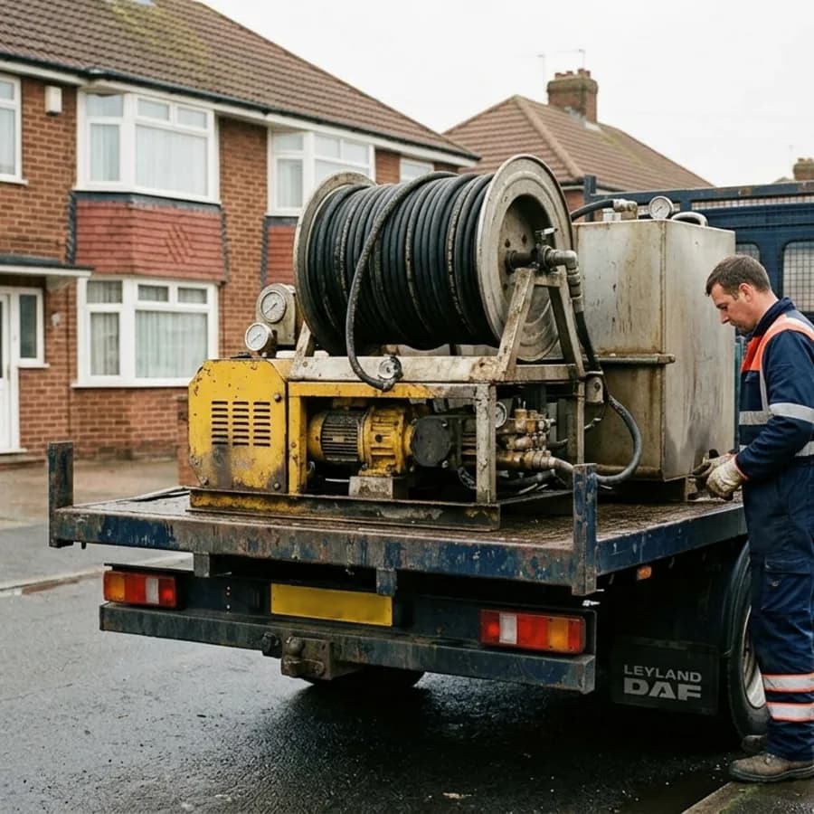 Truck-mounted high-pressure water jetting unit in Brackley
