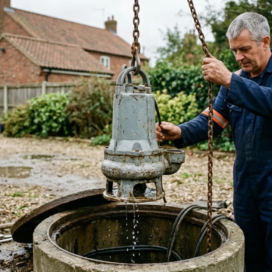 Submersible sewage pump raised on a lifting chain in Weldon
