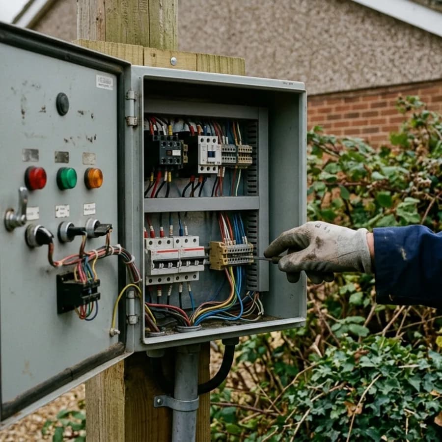 Open pump station control panel being checked in Weldon