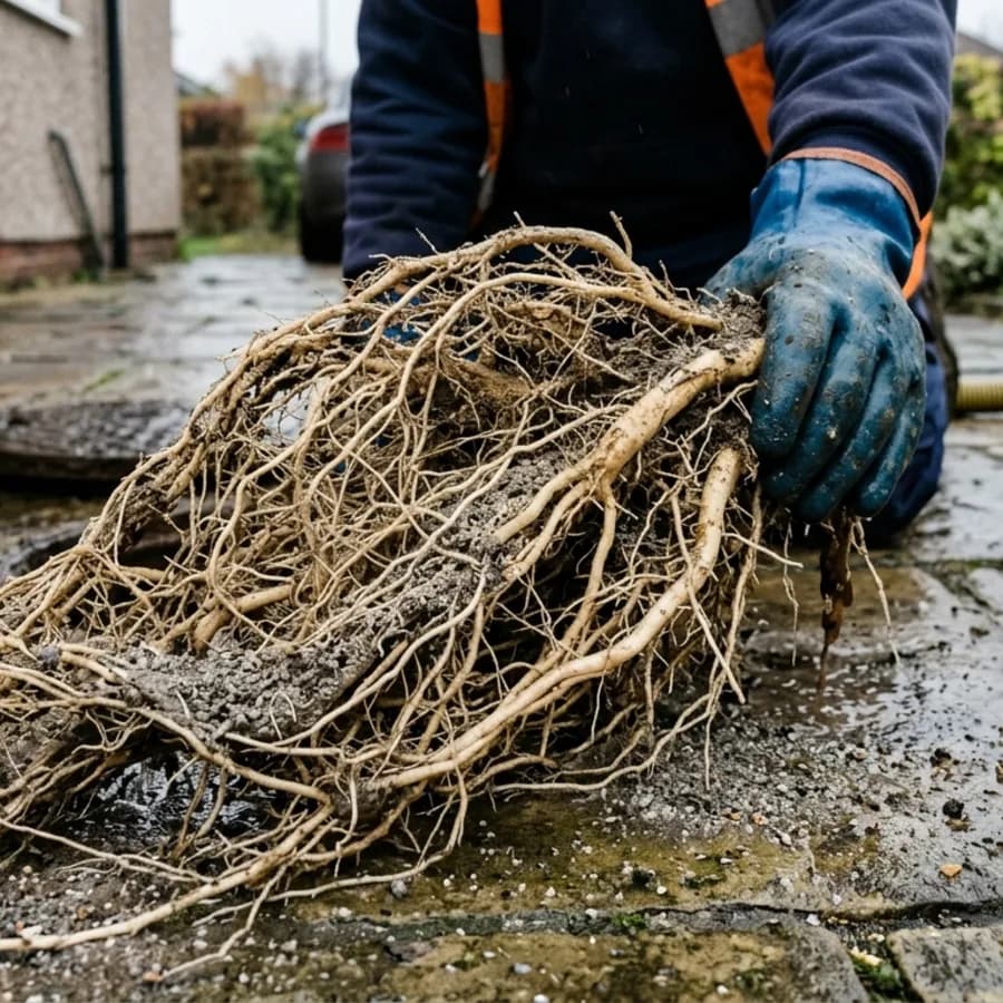 Mass of tree roots pulled from a drain in Deanshanger