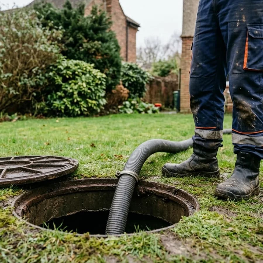Suction hose fed into an open septic tank chamber in Northampton