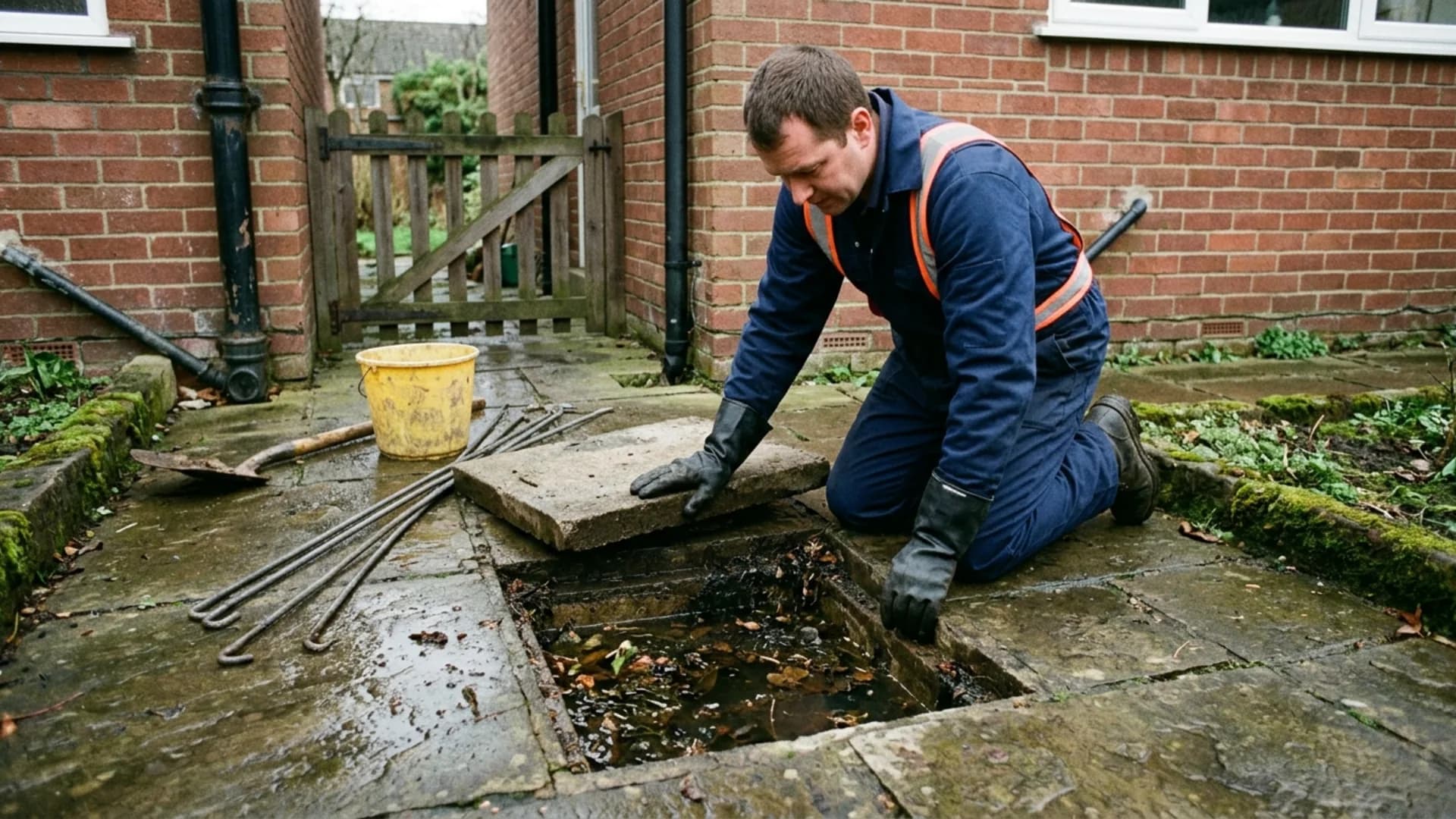 Drainage engineer lifting a drain cover to clear a blocked drain in Raunds