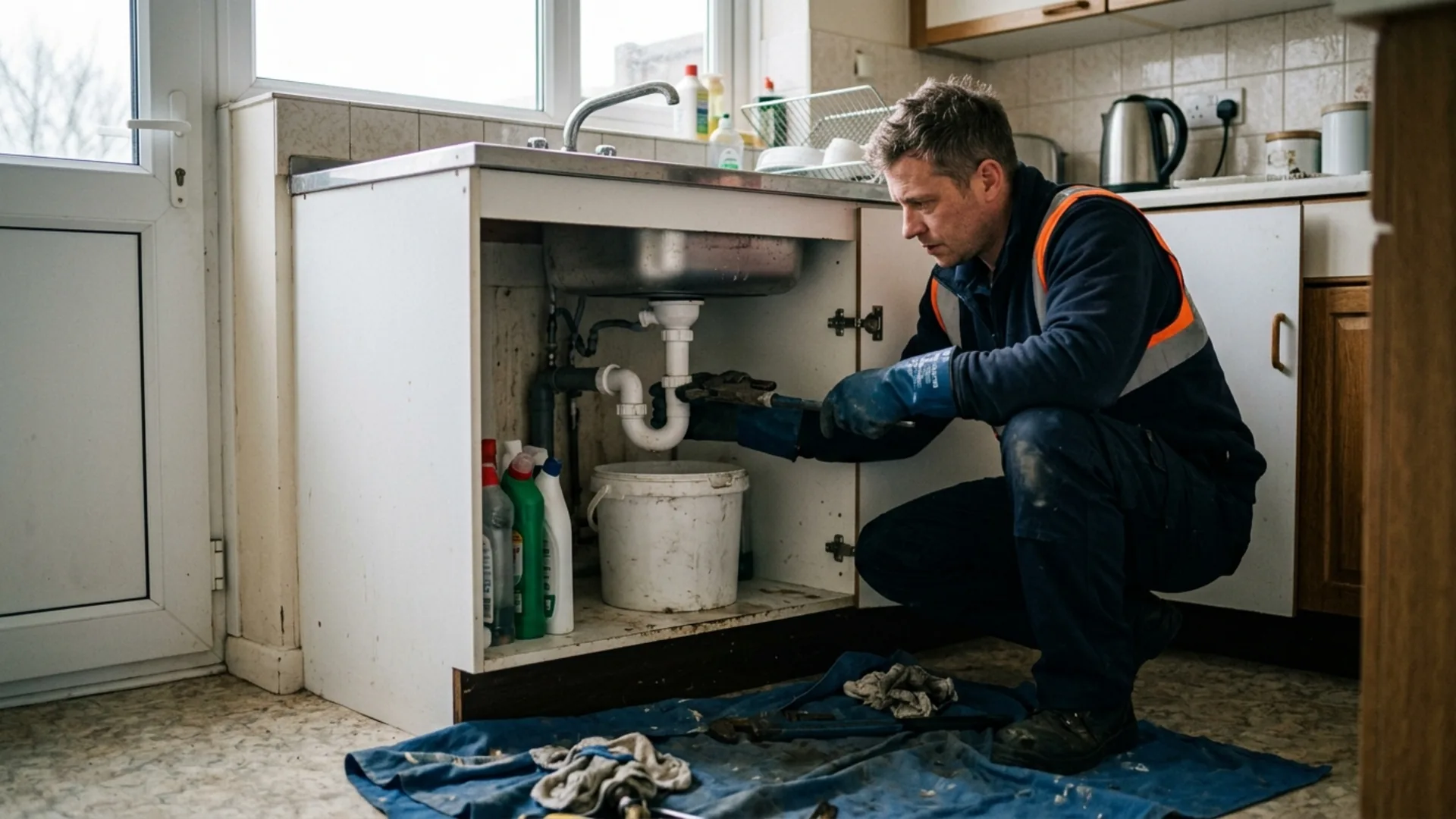 Drainage engineer clearing a blocked kitchen sink trap in Brixworth