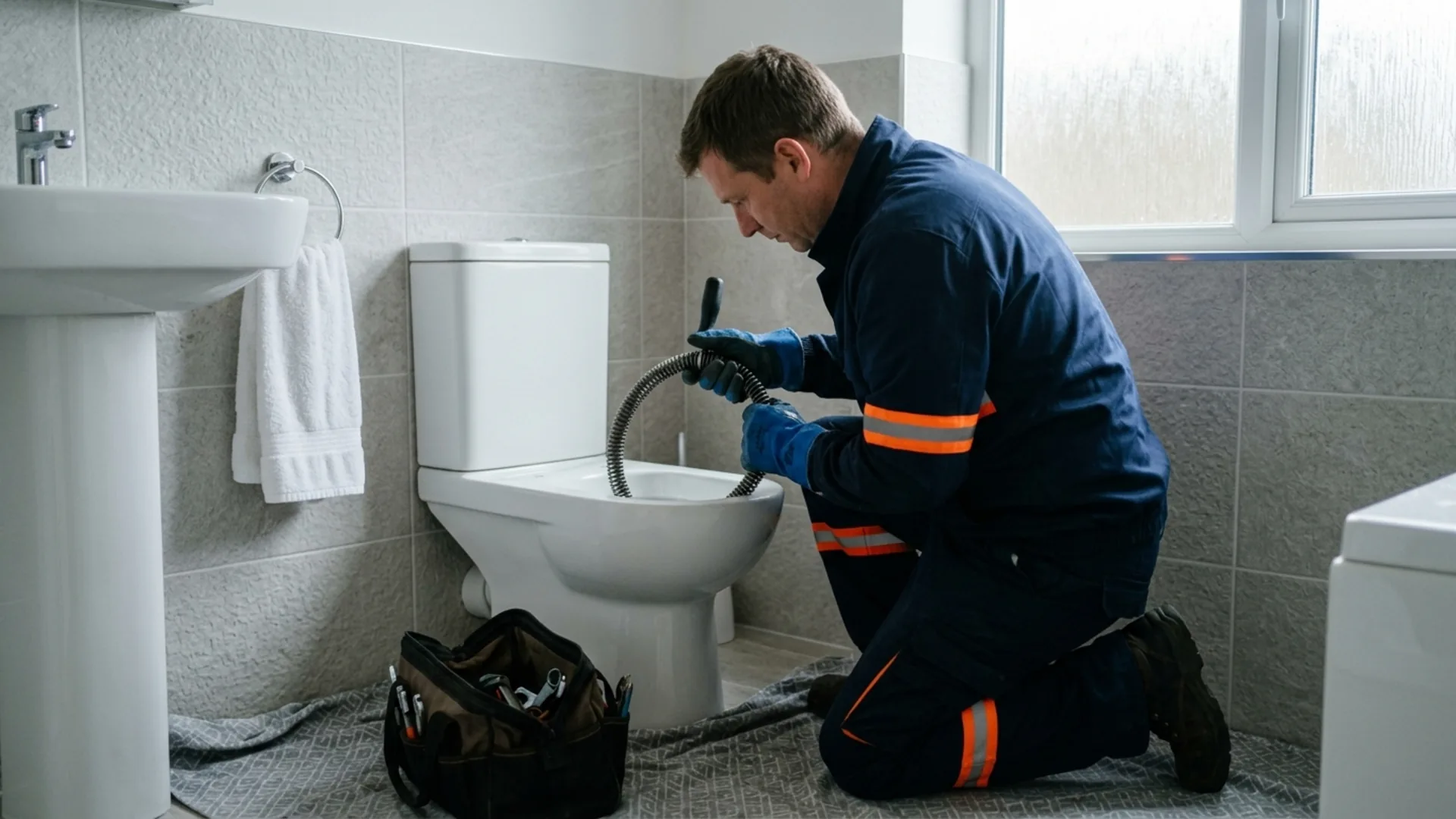 Drainage engineer clearing a blocked toilet in a bathroom in Milton Malsor