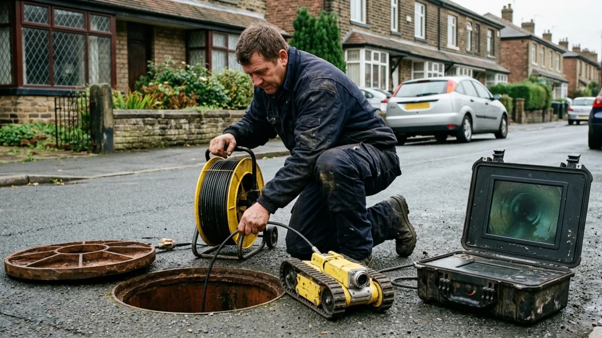 CCTV drain survey camera being fed into a drain in Blisworth