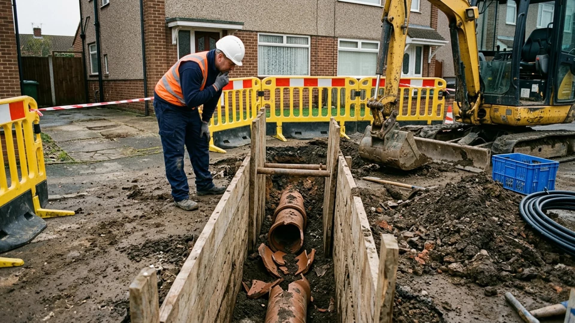 Shored excavation exposing a collapsed drain in Warmington
