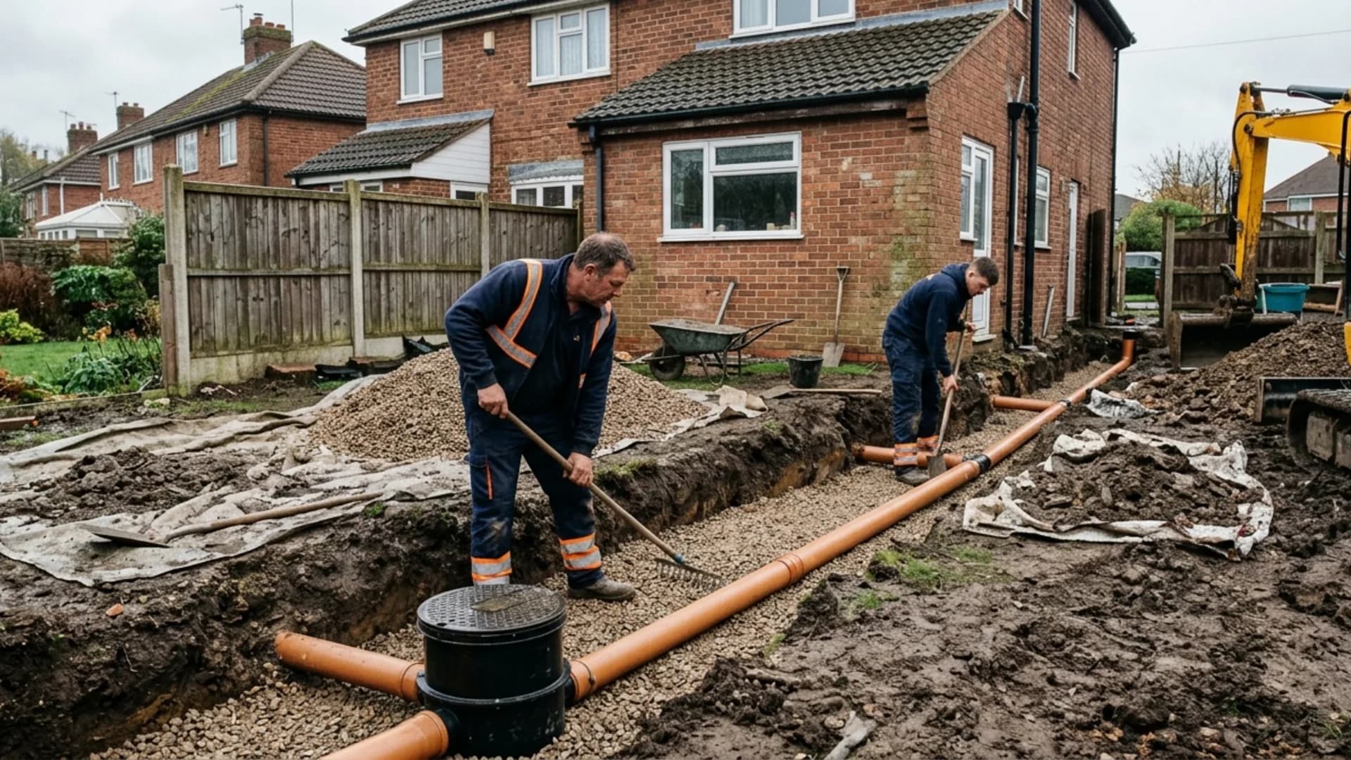 New drainage pipes being laid in a trench in Deanshanger