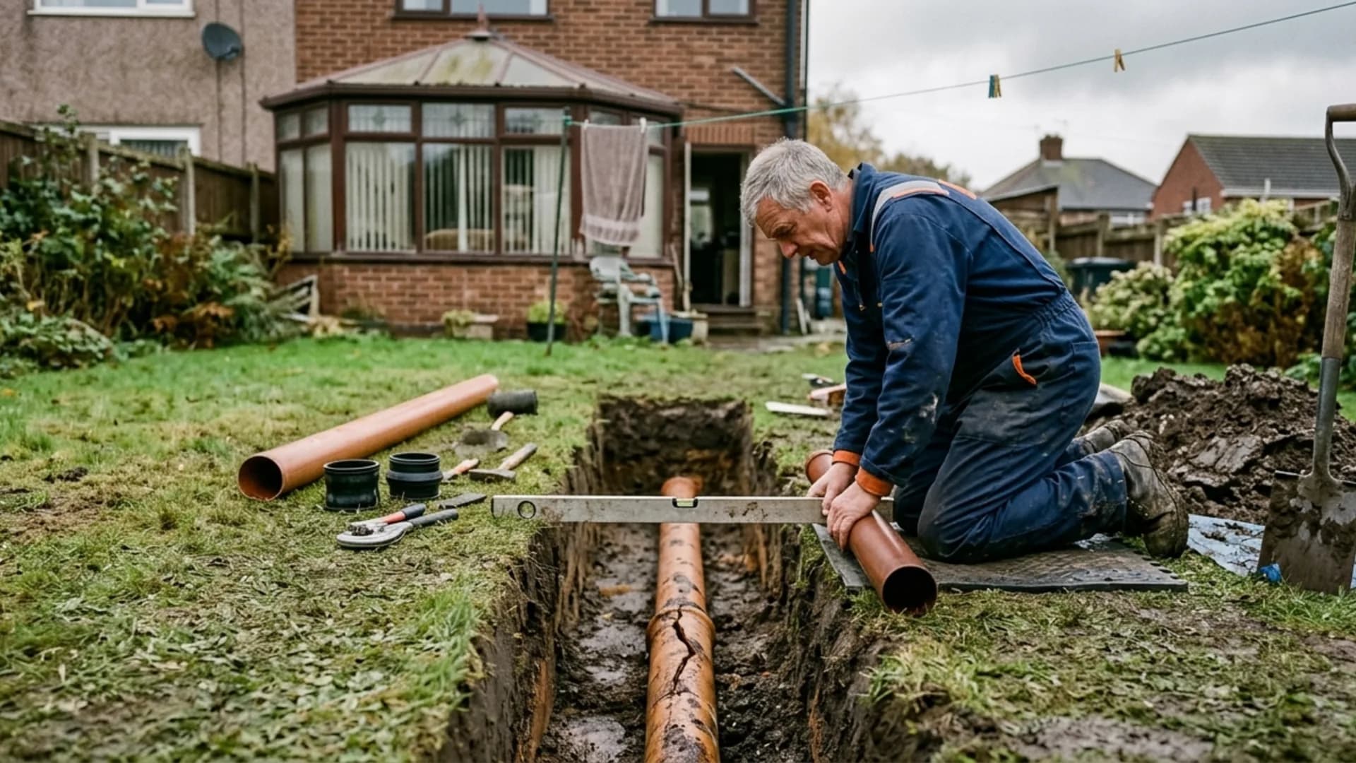 Excavated trench exposing a cracked drainage pipe during a drain repair in Woodford Halse