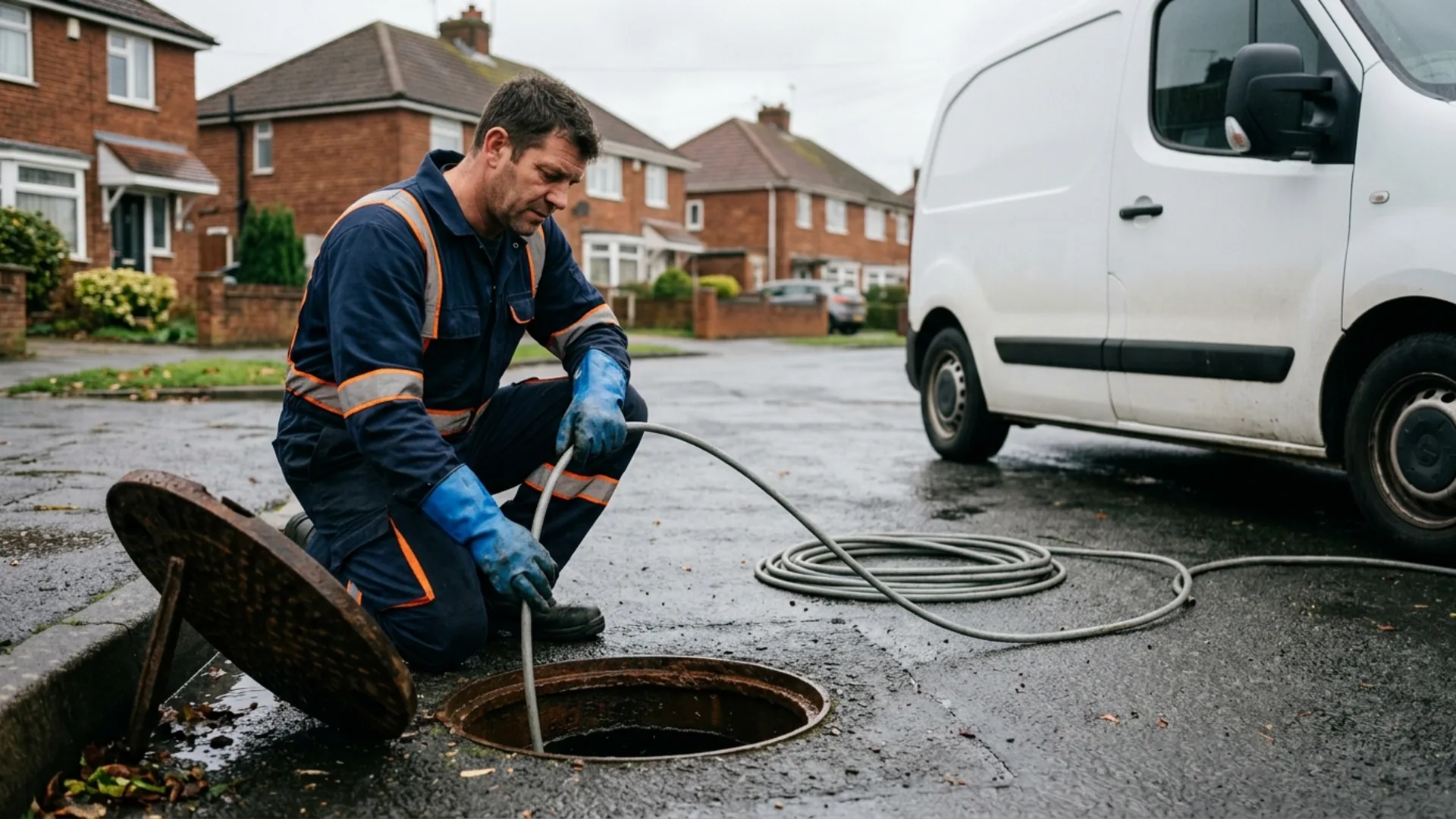 Drainage engineer feeding a jetting hose into an open drain in Crick