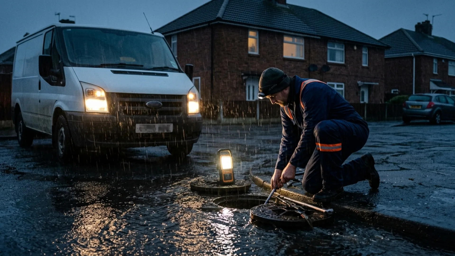 Emergency drainage callout at night in Roade