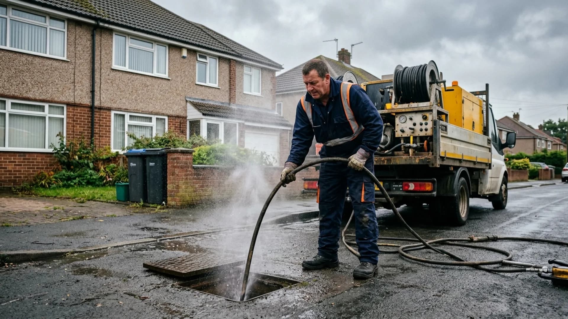 High-pressure water jetting clearing a drain in Brackley