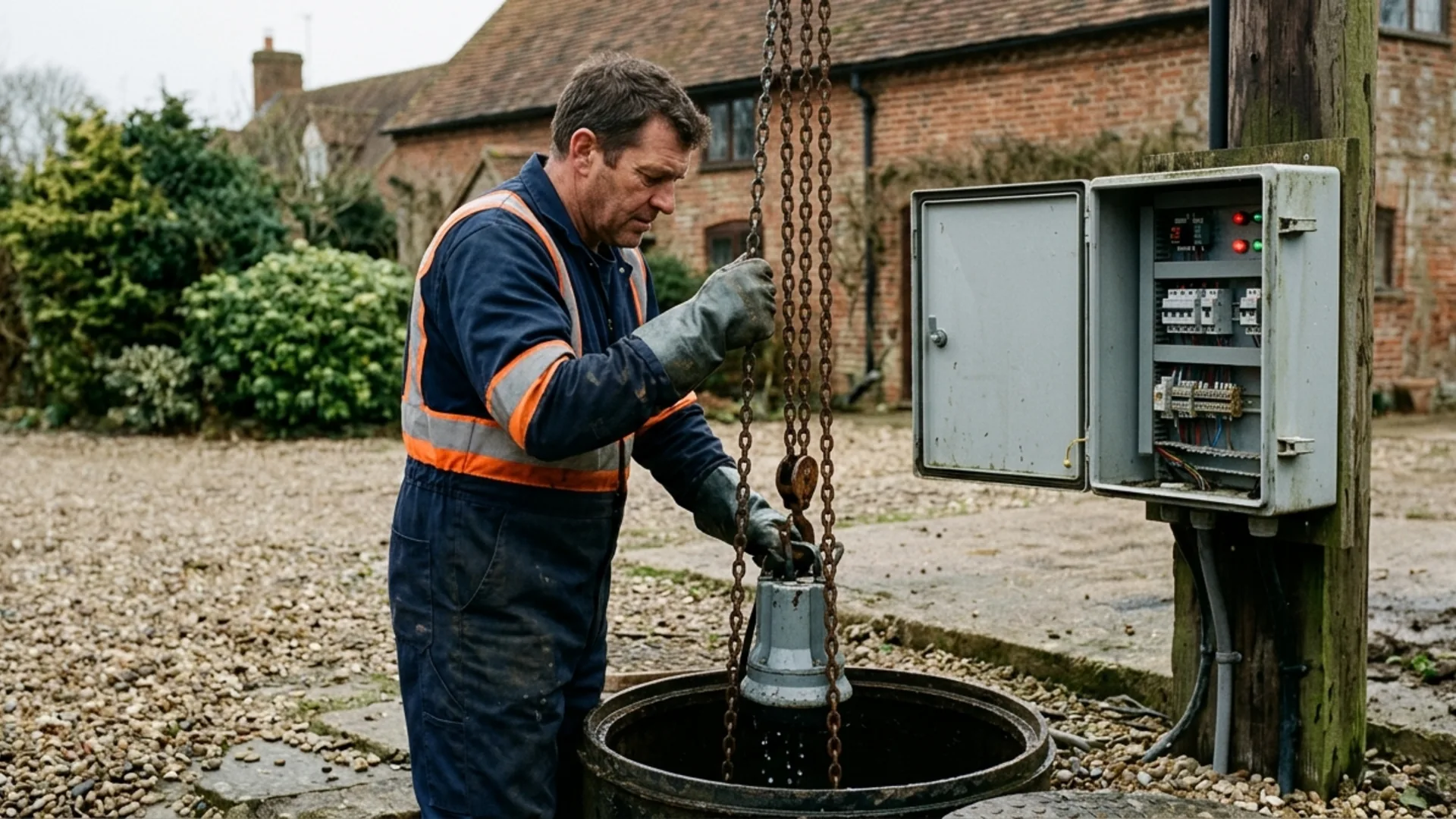 Submersible pump lifted from the chamber for servicing in Weldon