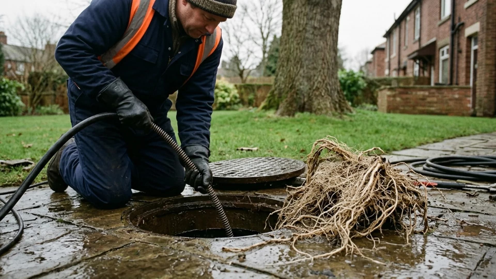 Tree roots cut out and removed from a drain in Deanshanger