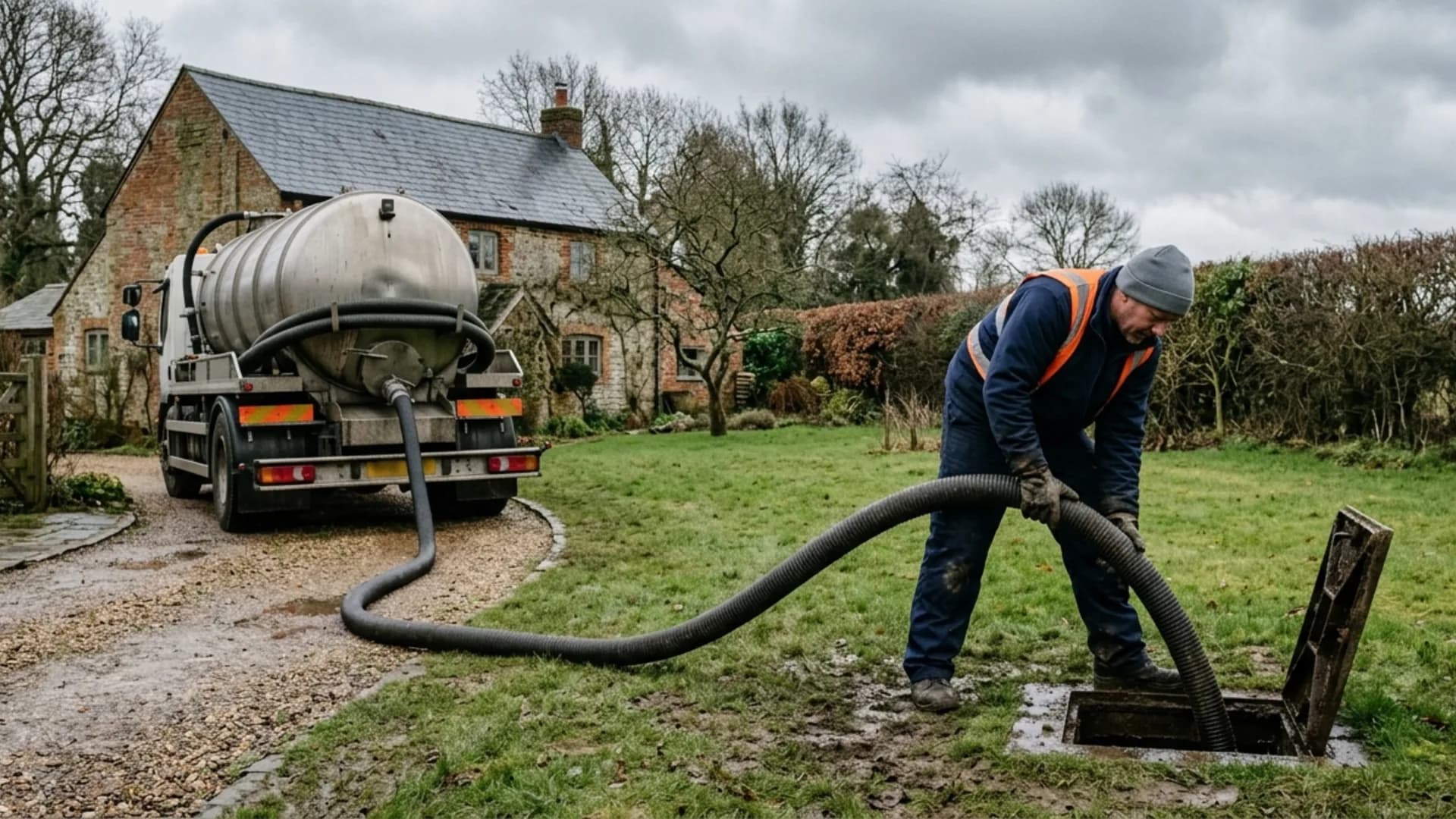Vacuum tanker emptying a septic tank at a property in Northampton