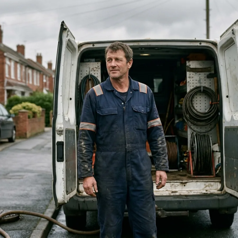 Drainage engineer beside his service van in Deanshanger