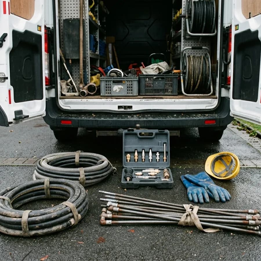 Drainage equipment laid out at the back of a service van in Raunds